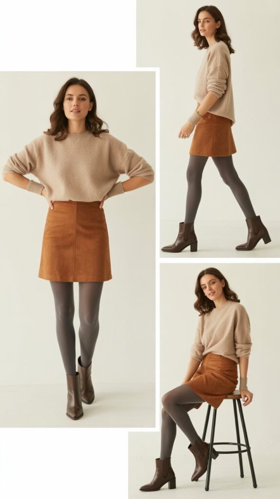 Suede Mini Skirt with Sweater and Tights
