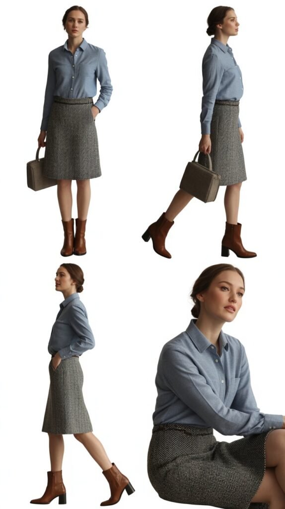 Tweed Skirt with Chambray Shirt