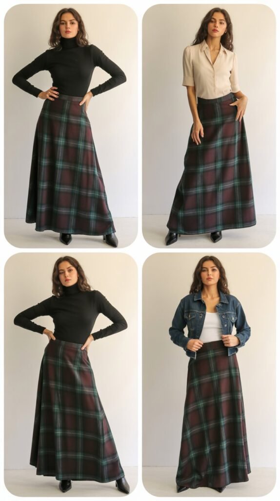 Plaid Maxi Skirt with Fitted Tops