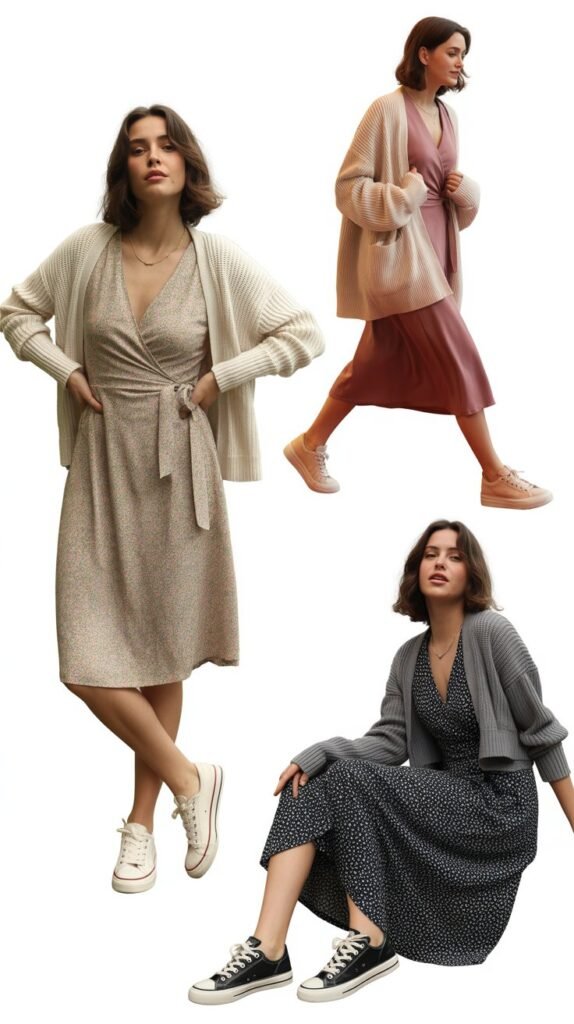 Wrap Dress with Cardigan and Low-Top Sneakers