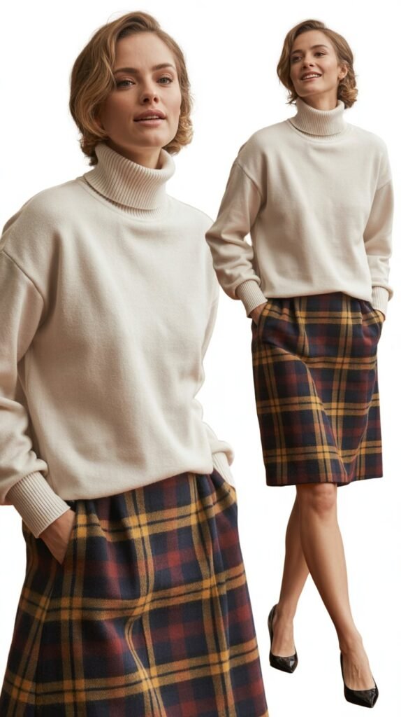 Cream Turtleneck with Plaid Skirt