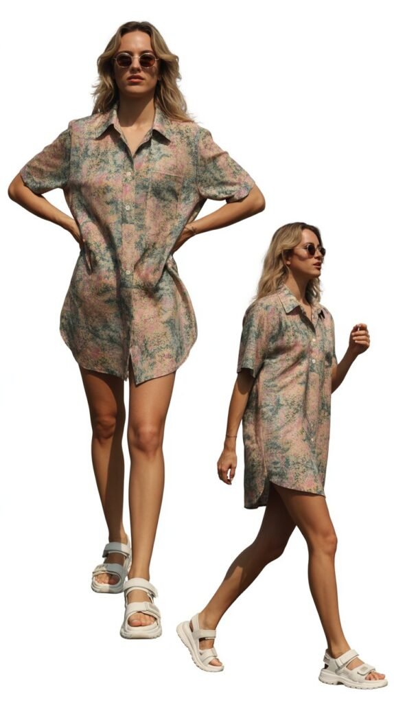 Printed Shirt Dress with Sporty Sandals