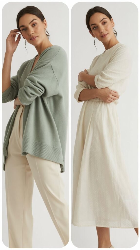 Sage Green Cardigan with Ivory Dress