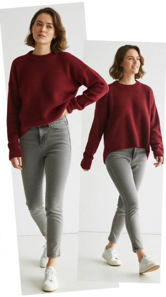  Burgundy Sweater with Grey Jeans
