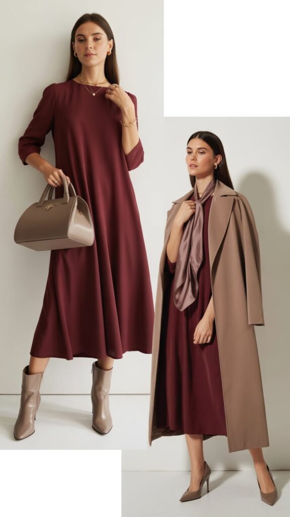 Burgundy Dress with Taupe Accessories