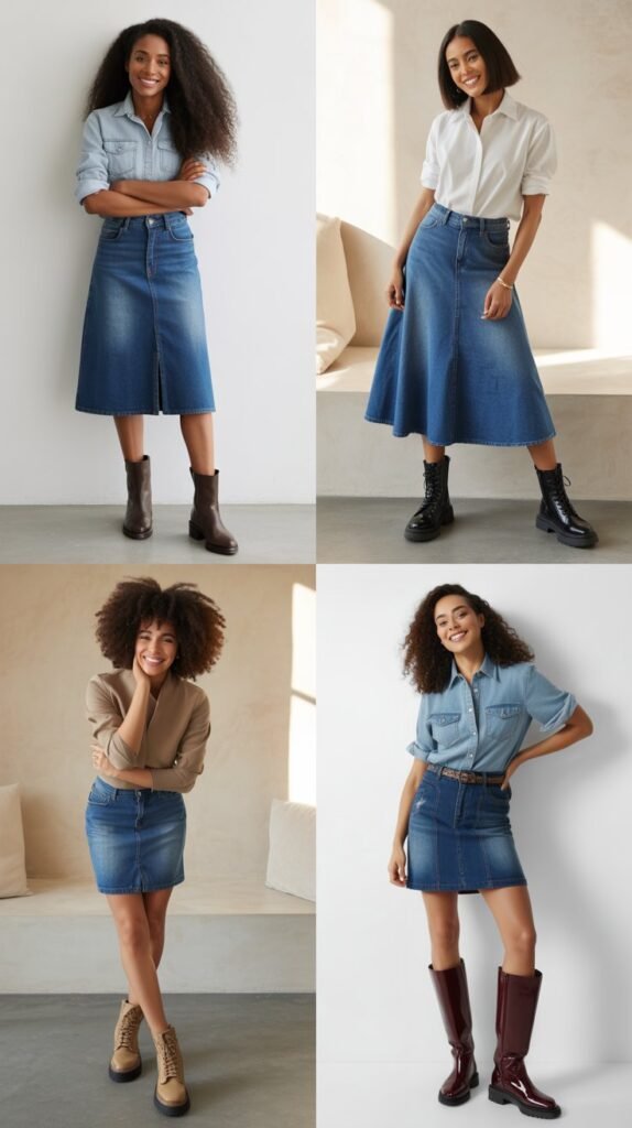 The Denim Skirt and Boots Combination