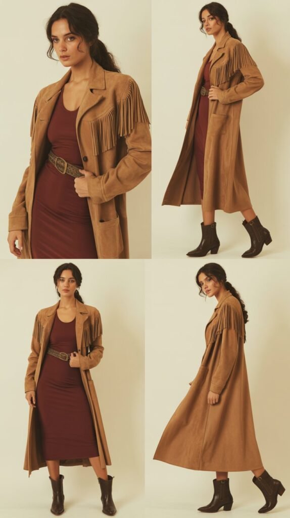 Long Western Duster Coat with Midi Dress