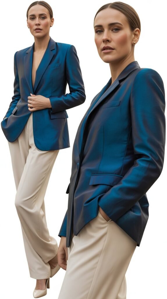 Peacock Blue Blazer with Cream Pants