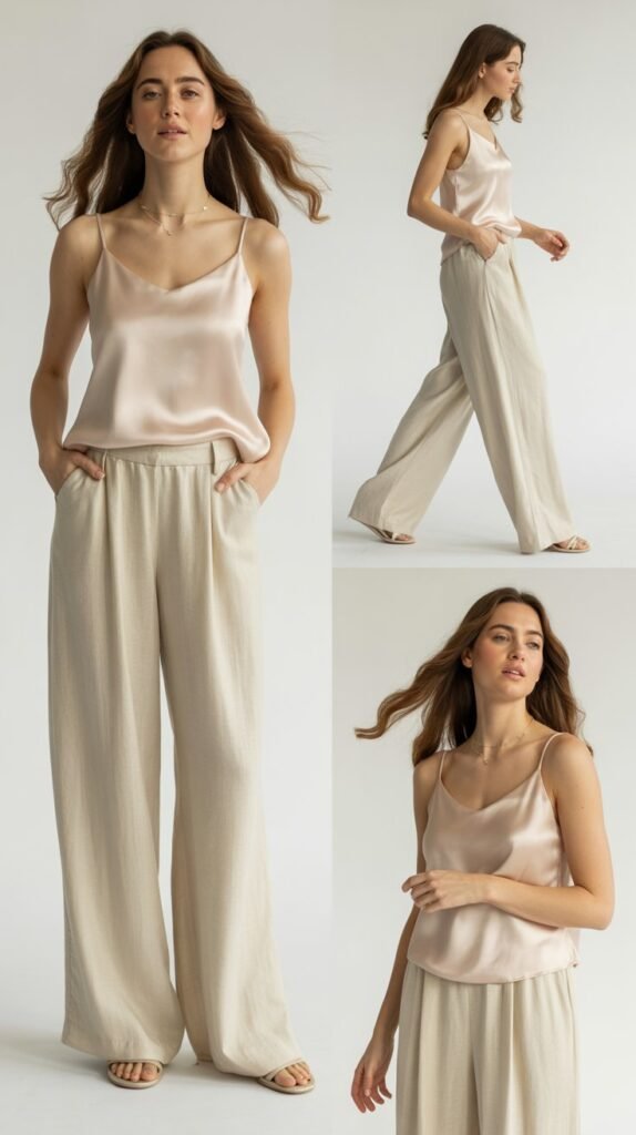 Linen Pants with Shell Top              (full body 3 image woman collage)