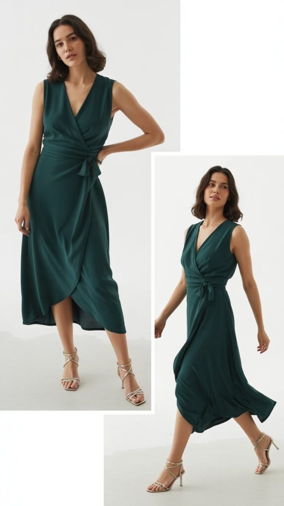V-Neck Wrap-Effect Dress with Heeled Sandals