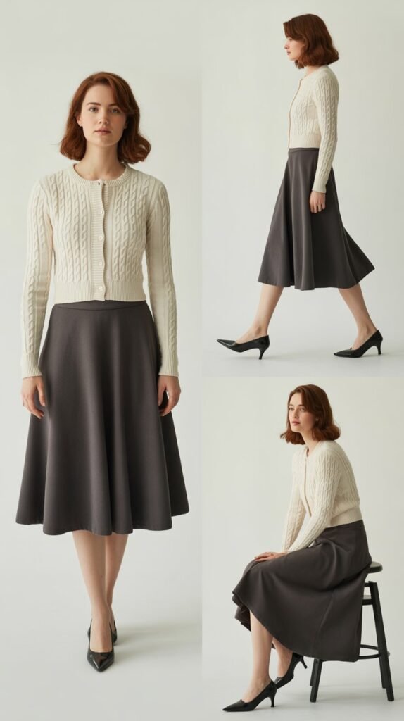  Knee-Length Skirt with Button-Up Sweater