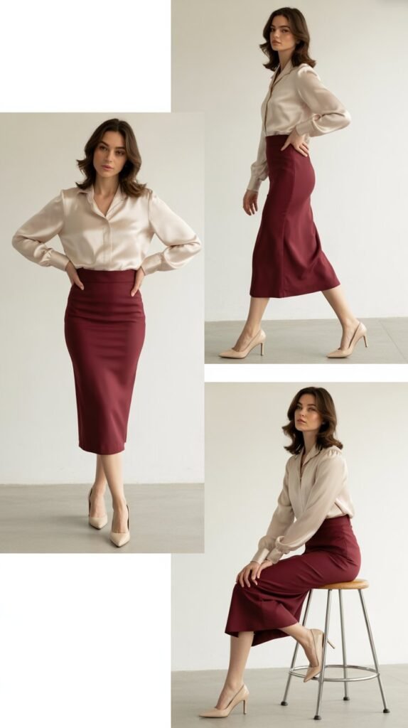 Burgundy Pencil Skirt with Cream Blouse