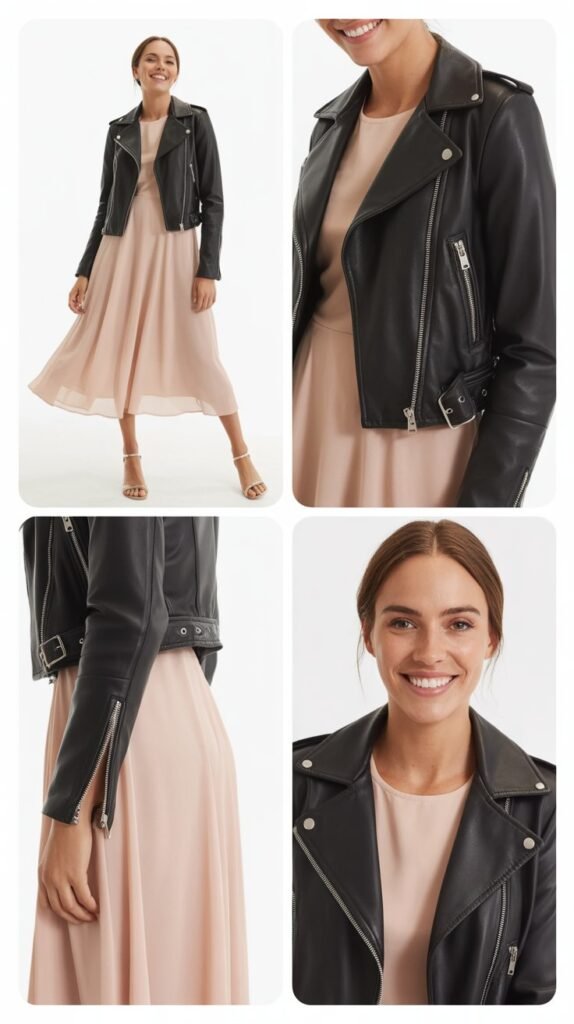 Midi Dress with Leather Jacket Edge