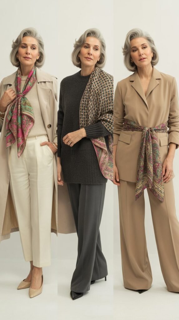 Printed Scarf as Statement with Neutral Outfit