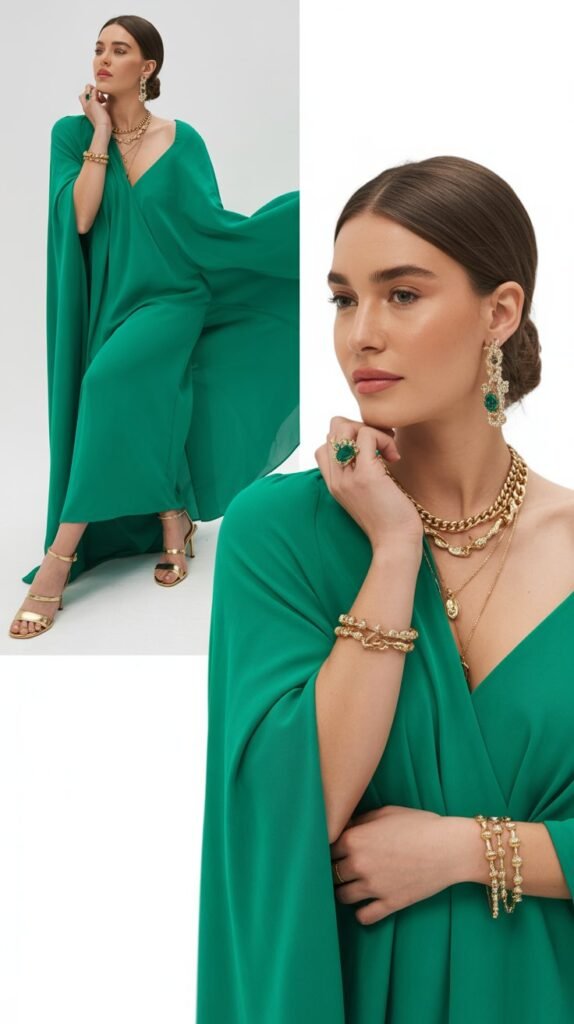 Emerald Green Dress with Gold Accessories