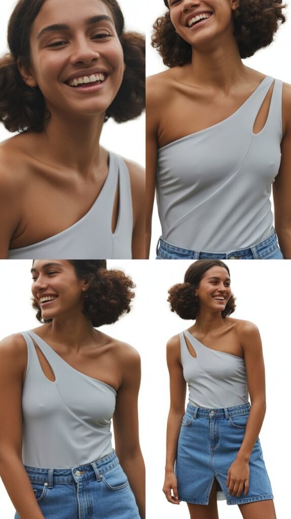 Asymmetrical One-Shoulder Swimsuit with Denim Skirt