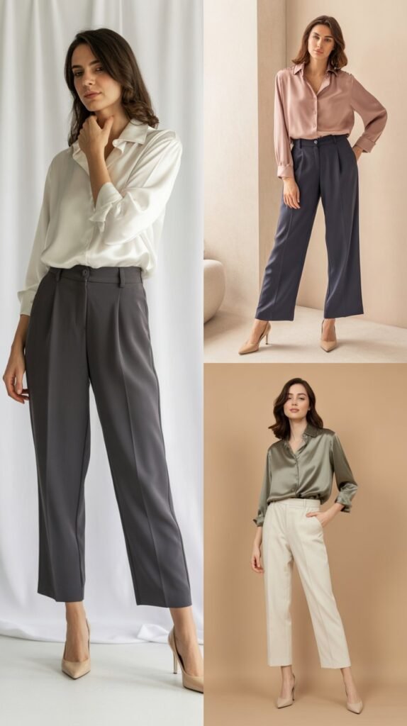 Ankle-Length Trousers with Silk Blouse