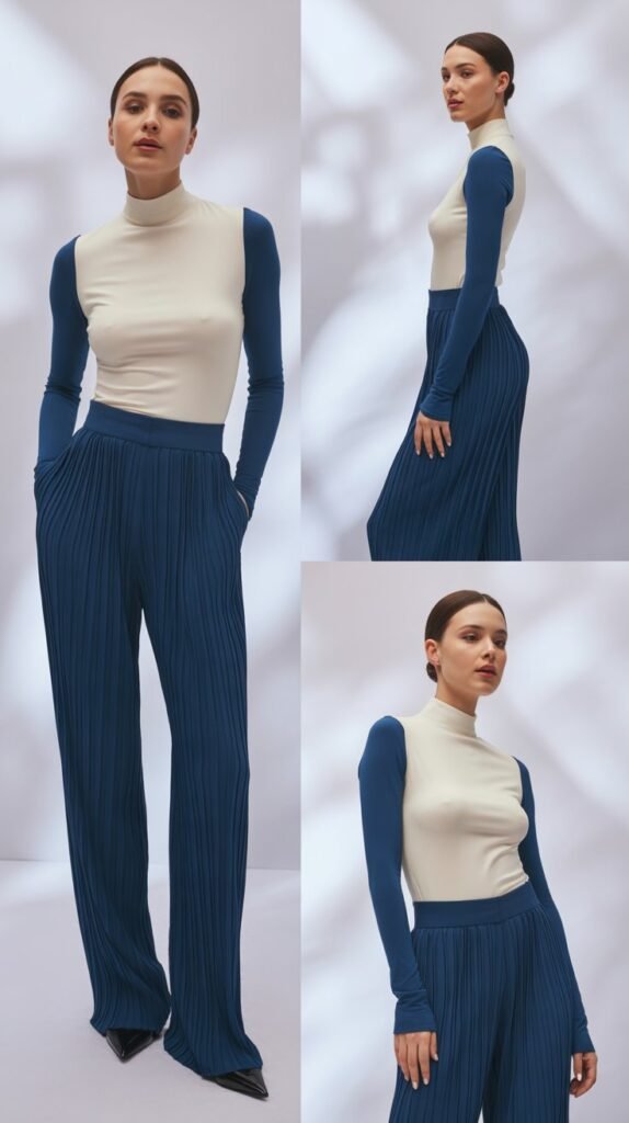 Pleated Trousers with Mock Neck Top