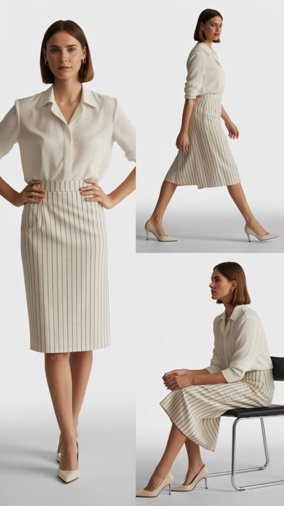 Neutral Midi Skirt with Chambray and Blazer