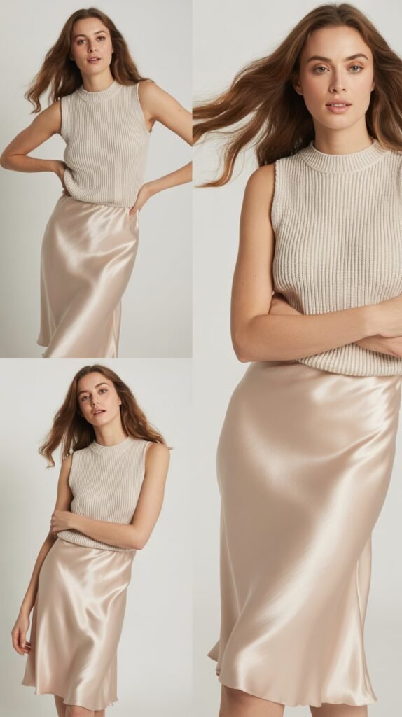 Satin Slip Skirt with Knit Top