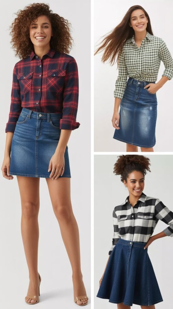 Plaid Button-Down with Denim Skirt