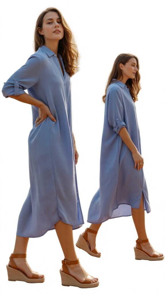 Periwinkle Shirt Dress with Tan Wedges