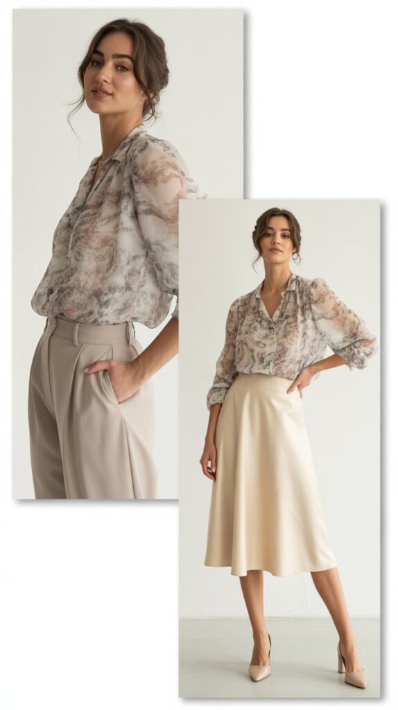 Printed Blouse with Neutral Bottoms