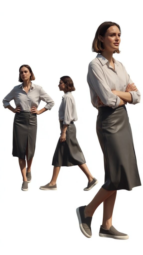 Straight Skirt with Button-Down and Slip-On Sneakers
