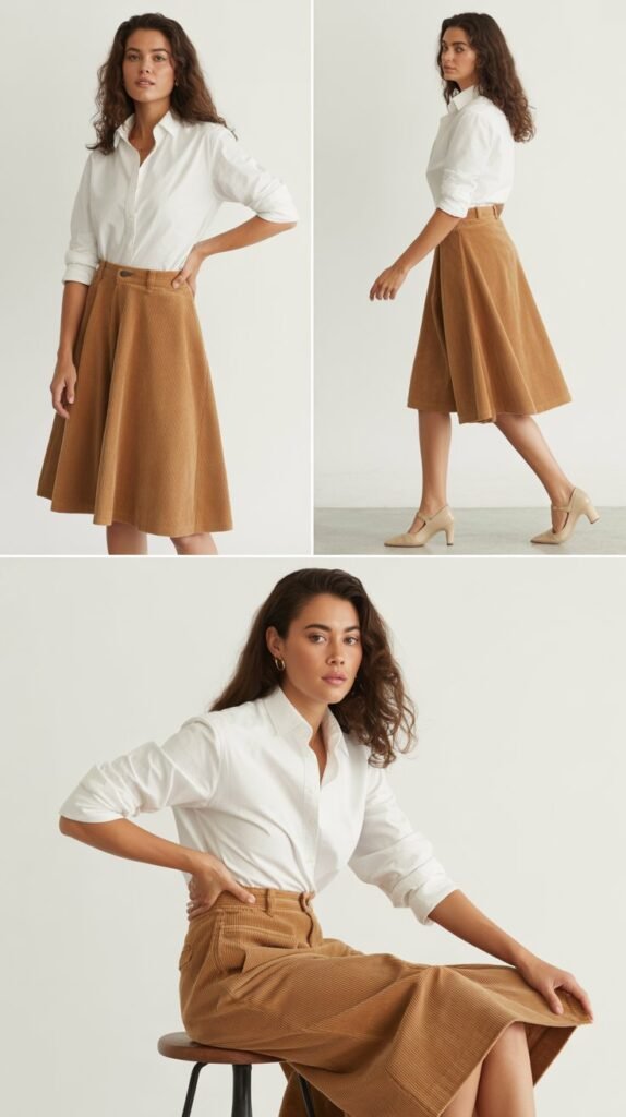 Corduroy Skirt with Button-Down Shirt
