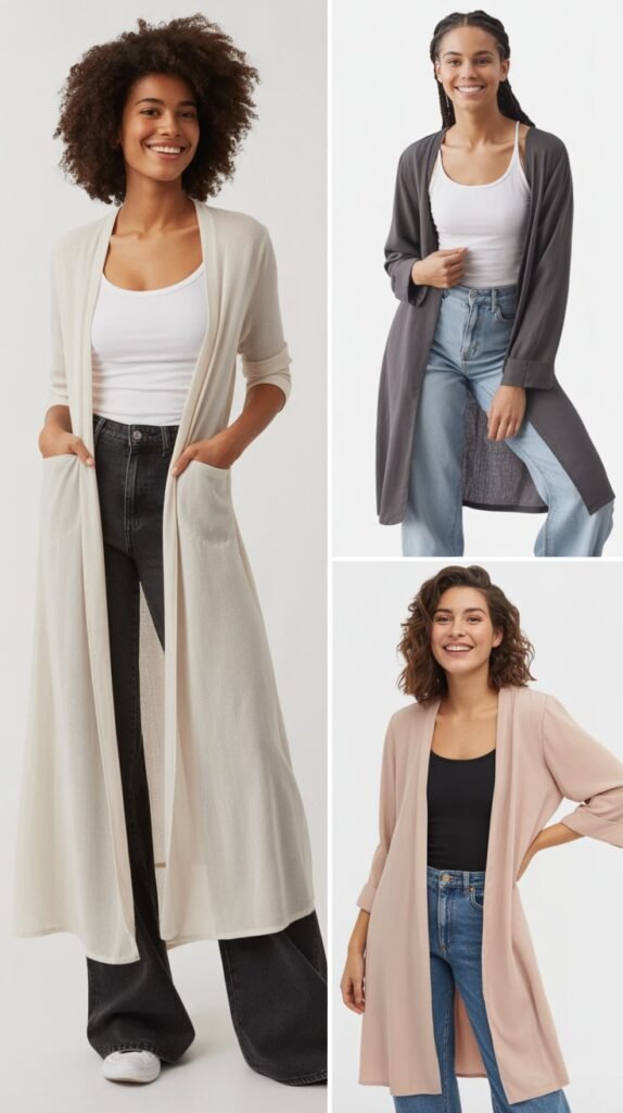 Long Duster Cardigan Over Tank and Jeans