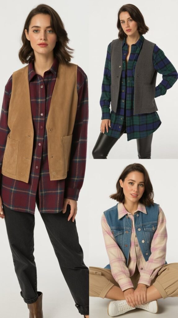 Layered Flannel Shirts with Vest