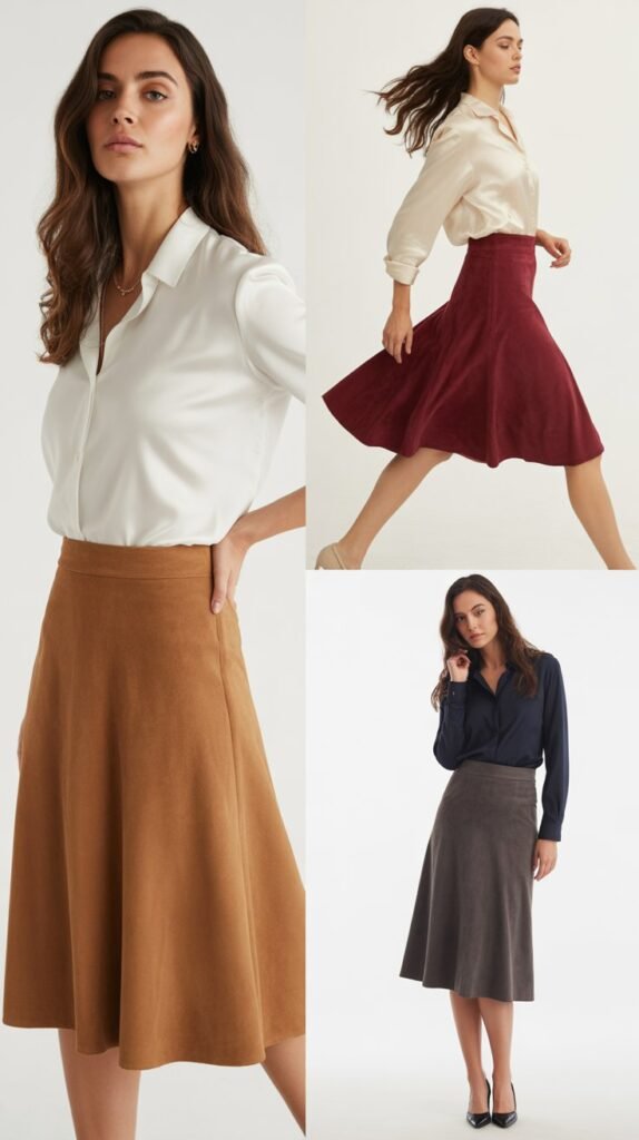 Suede Skirt with Tucked-In Blouse