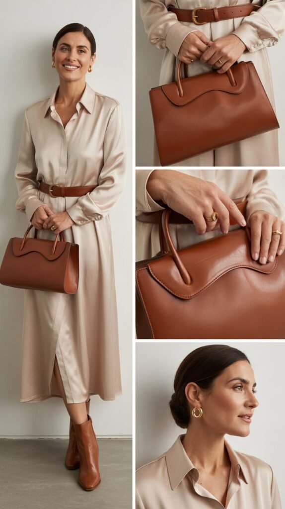 Silk Shirt Dress with Leather Accessories