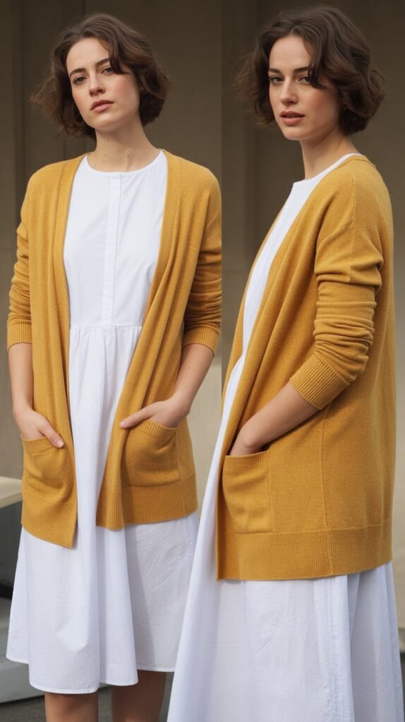 Mustard Yellow Cardigan Over White Dress