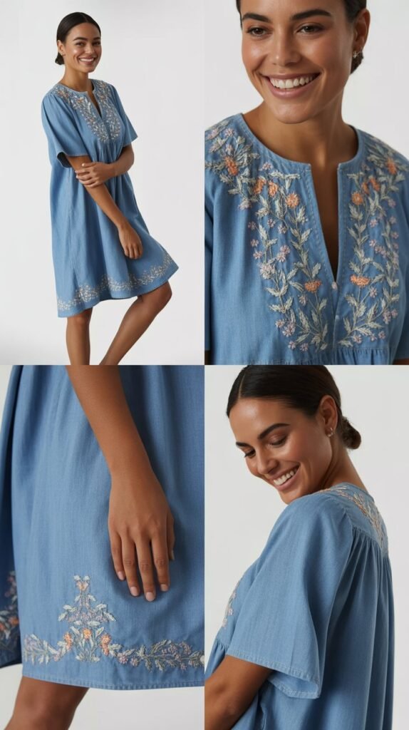 Chambray Dress With Embroidered Details