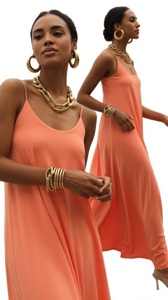 Coral Maxi Dress with Gold Statement Jewelry