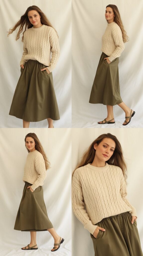 Olive Green Skirt with Cream Sweater
