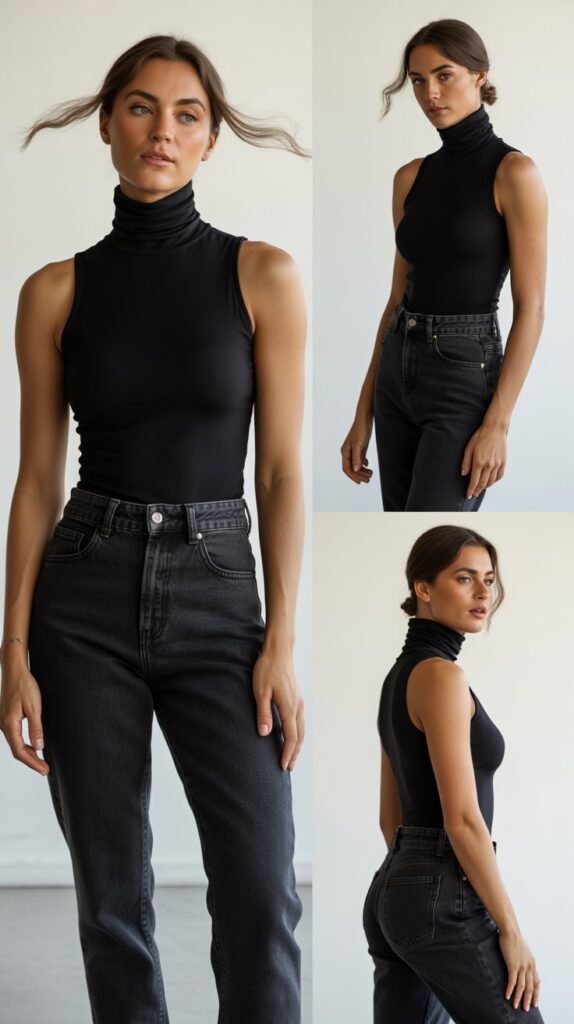 Sleeveless Turtleneck with High-Waisted Jeans