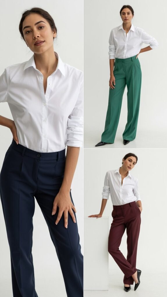 White Button-Down Shirt and Colored Trousers