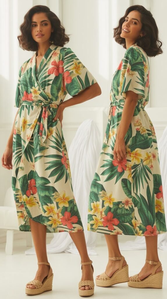 Tropical Print Wrap Dress with Wedge Sandals