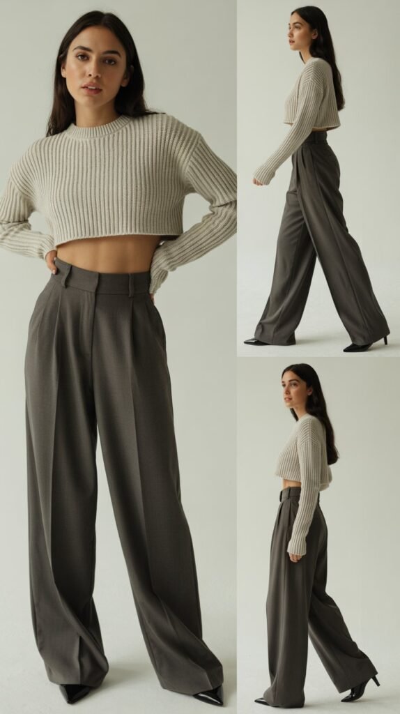 High-Waisted Trousers with Cropped Sweater