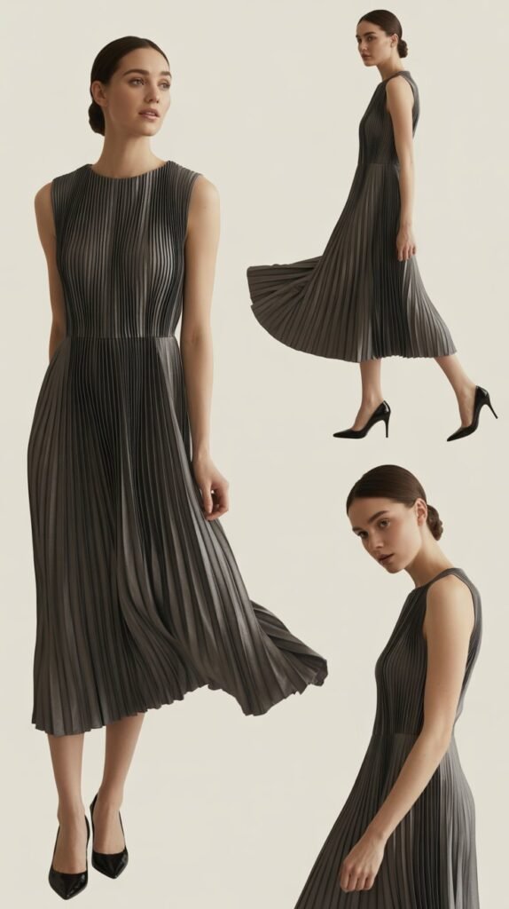 Pleated Midi Dress In Monochrome