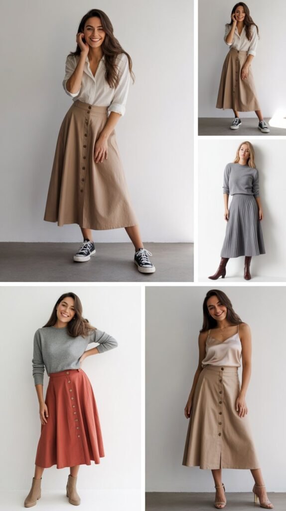 Button-Front Midi Skirt Versatility