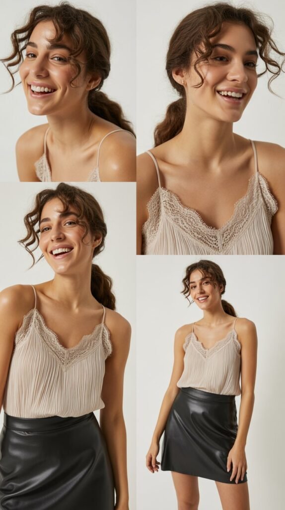  Lace-Trimmed Camisole with Leather Mini Skirt