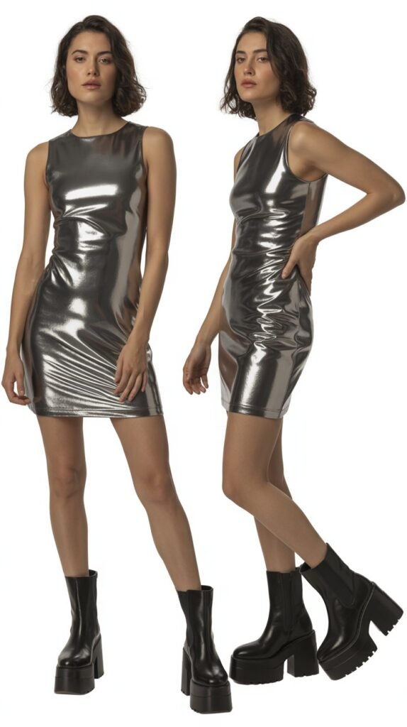 Metallic Mini Dress with Platform Boots