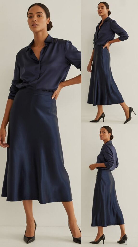 Navy Midi Skirt with Silk Blouse