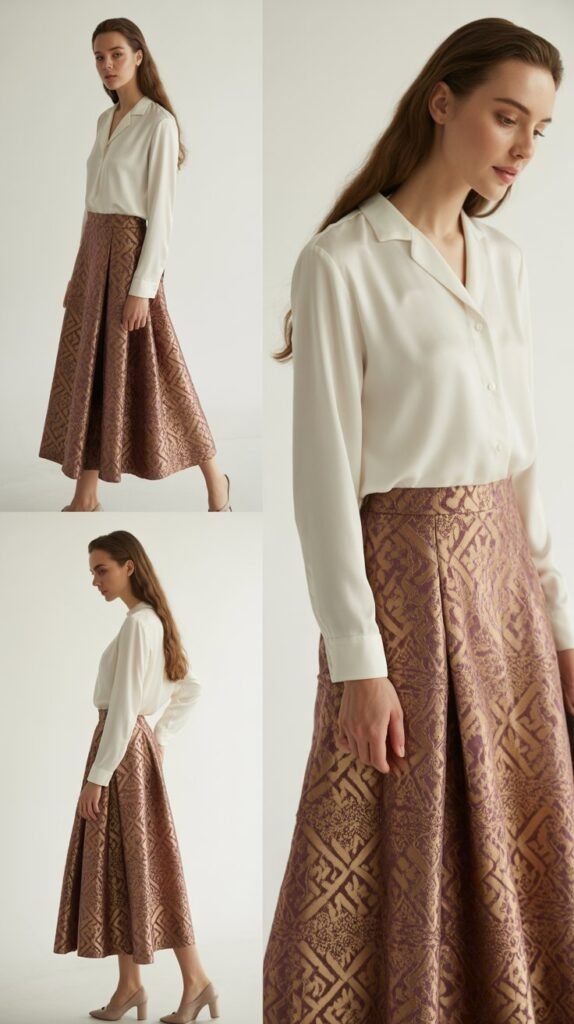 Jacquard Skirt with Simple Blouse