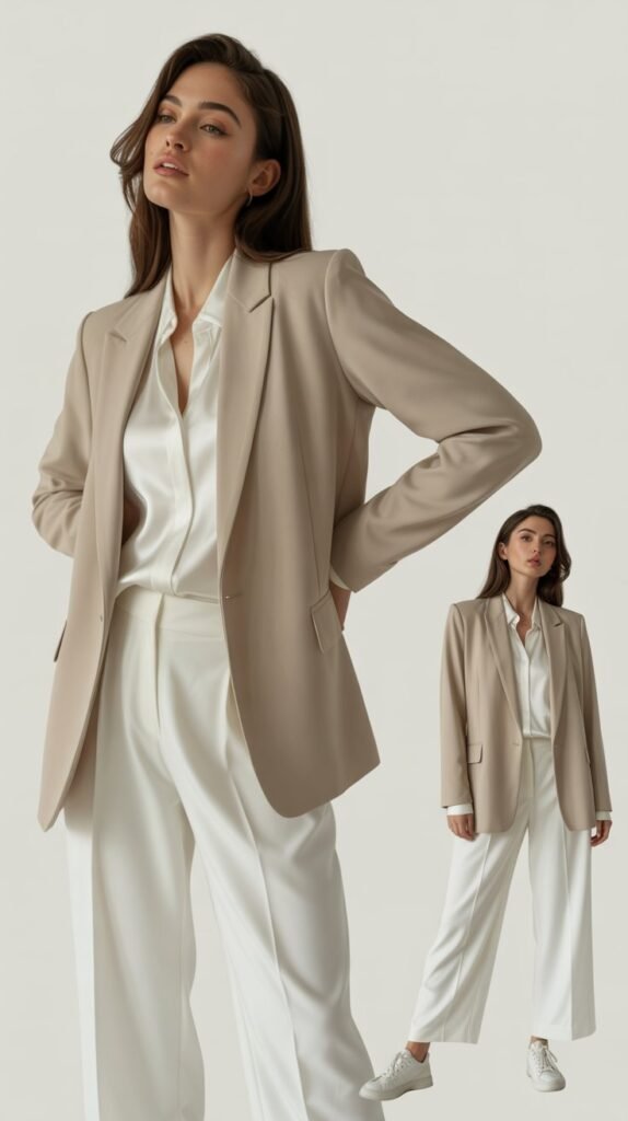  Neutral Blazer with All-White Ensemble