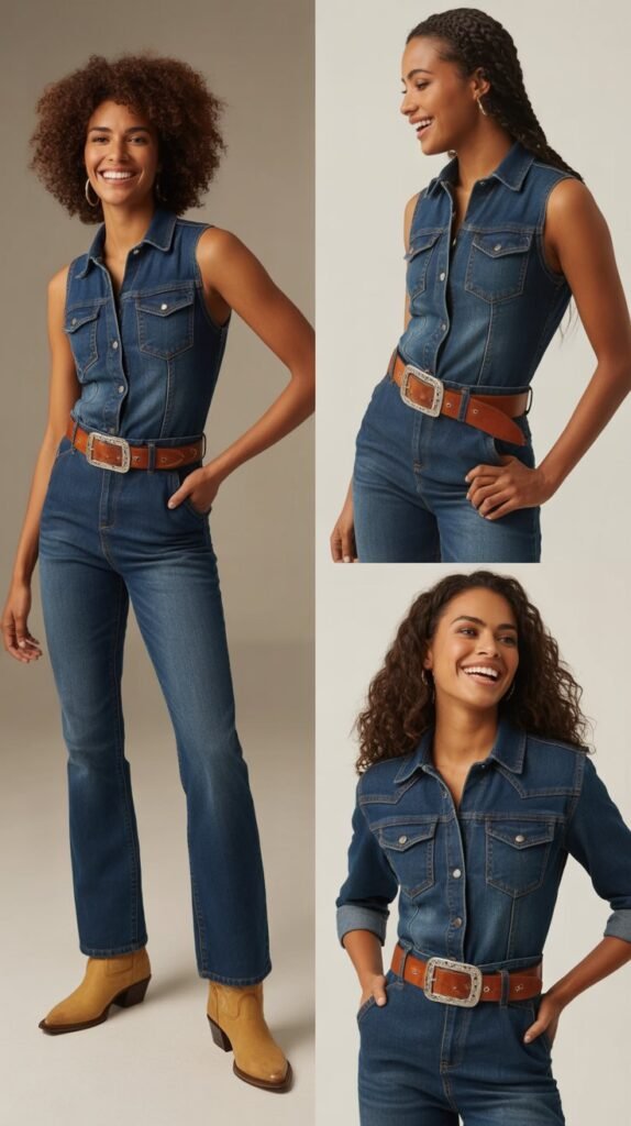 Denim Jumpsuit with Western Belt and Boots