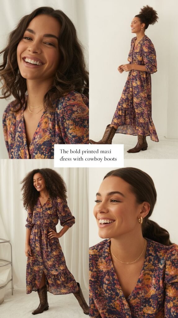 The Bold Printed Maxi Dress with Cowboy Boots